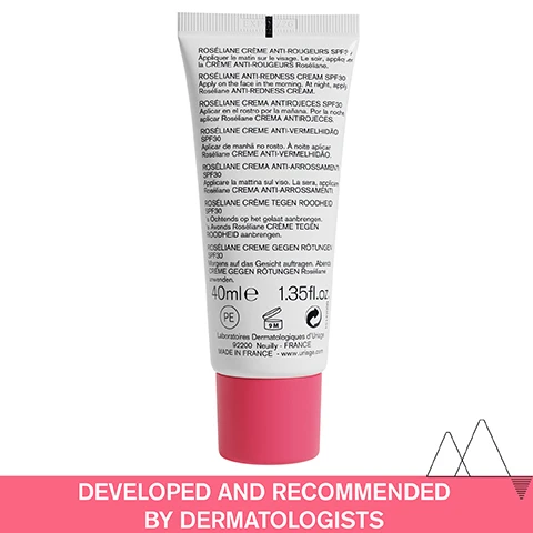 Image 1 - A white tube with a pink cap for Uriage Roseliane Anti-Redness Cream SPF30, 40mle 1.35fl.oz, developed and recommended by dermatologists. Image 2 - A close-up of a persons face with cream on the cheek and text overlays that read SENSITIVE SKIN PRONE TO REDNESS, Light protective cream SPF30, Floral & fruity scent, and Non-greasy. Image 3 - Image of a tube of Uriage Roséliane Anti-Redness Cream SPF30 with text -92% REDNESS* SOOTHES HEATING & TIGHTNESS** also showing product details Uriage Eau Thermale Roséliane SPF 30 Crème Anti-rougeurs SPF30 Protège, Apaise Diminue les rougeurs Anti-Redness Cream SPF30 Protects, Soothes Decreases redness Peaux sensibles à rougeurs Sensitive skin prone to redness Uriage, lEau Thermale des Alpes and footnote *Clinical evaluation - 40 volunteers - 4 weeks **Use test - 40 volunteers - 4 weeks : % of satisfaction. Image 4 - Text overlay reads ADVANCED DERMATOLOGICAL FORMULA followed by four sections listing ingredients and benefits with icons: UV FILTERS Protects from UV rays, GINSENG & BROWN ALGAE EXTRACT Even out complexion, CERAMIDES Reinforces skin barrier, and [SK5R PATENT] Soothing action. Image 5 - A list of product features with icons over a background of snow-covered mountains and a glacier reads Developed and recommended by dermatologists, Suitable for sensitive skin, Non-comedogenic, UVA/UVB rays protection, High-tolerance. Image 6 - A white and pink tube of Uriage Roséliane SPF 30 Anti-Redness Cream with a smear of product and a Recommended by Dermatologists seal featuring text RECOMMENDED BY DERMATOLOGISTS URIAGE EAU THERMALE SPF 30 Roséliane CRÈME ANTI-ROUGEURS SPF30 Protège, Apaise Diminue les rougeurs ANTI-REDNESS CREAM SPF30 Protects, Soothes Decreases redness PEAUX SENSIBLES À ROUGEURS SENSITIVE SKIN PRONE TO REDNESS URIAGE, LEAU THERMALE DES ALPES. Image 7 - A three-step Uriage skincare routine is shown with products labeled 1 Cleanse Roséliane Dermo-Cleansing Fluid, 2 Soothe Toléderm Control Fresh Soothing Eyecare, and 3 Protect & Moisturize Roséliane Anti-Redness Cream SPF30.