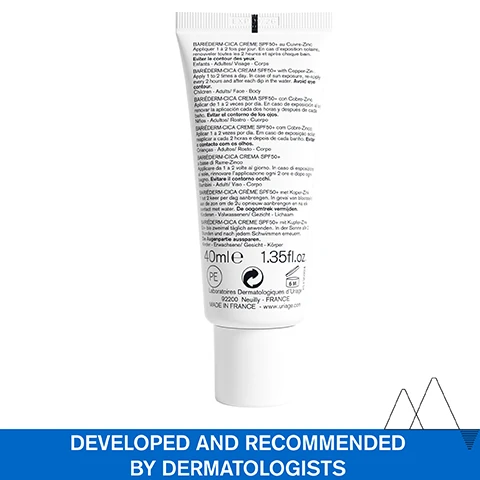 Image 1 - A white tube of cream with text in multiple languages describing BARIÉDERM-CICA CRÈME SPF50+ au Cuivre-Zinc and usage instructions, including volume 40mle 1.35fl.oz., manufacturer Laboratoires Dermatologiques dUriage 92200 Neuilly - FRANCE MADE IN FRANCE - www.uriage.com, followed by text on a blue background reading DEVELOPED AND RECOMMENDED BY DERMATOLOGISTS. Image 2 - Hand applying Uriage Bariéderm-Cica SPF 50+ cream to skin with text WEAKENED IRRITATED SKIN, Light texture & non-greasy, SPF50+ protection, and Fragrance-free. Image 3 - A tube of Uriage Bariéderm-CICA SPF50+ cream is shown with text SPF50+ CREAM WITH COPPER & ZINC 87% PREVENTS THE FORMATION OF SKIN MARKS* REPAIRS INSULATES & PROTECTS and the note *Clinical study under dermatological control - 30 subjects - application 1 to 2 times a day - 21 days. % satisfied. Image 4 - An image showing a bottle of liquid with bubbles on a blue background and text overlays stating ADVANCED DERMATOLOGICAL FORMULA, COPPER-ZINC Purifie & limit the risk of bacterial proliferation, POLY-2P COMPLEX Bandage effect: insulates & protects, [GF REPAIR PATENT] Boosts skin repair, and URIAGE THERMAL WATER 100% pure & natural, softens and soothes all skin types. Image 5 - A diagram overlay on a snowy mountain background lists features with icons and text Developed and recommended by dermatologists, Suitable for patents on cancer treatment, Fragrance-free, High-tolerance, and UVA UBA rays protection. Image 6 - Image shows three Uriage products: 1 Cleanse, Bariéderm-CICA Cleansing Gel 200ml; 2 Soothe, Eau Thermale Thermal Water 300ml; and 3 Protect & Repair, Bariéderm-CICA Cream SPF 50+. Image 7 - The image shows a tube of Uriage Bariéderm-CICA SPF 50+ cream described as MULTI-PURPOSE CREAM, CRÈME au Cuivre-Zinc, CREAM with Copper-Zinc Protects, Repairs, Insulates Purifies and Soothes, for PEAUX FRAGILISÉES, IRRITÉES, WEAKENED, IRRITATED SKIN, VISAGE - CORPS / FACE - BODY, NON PARFUMÉ UNSCENTED, URIAGE, LEAU THERMALE DES ALPES, and lists its uses for SCARS, TATTOOS, ITCHING SENSATIONS, HEATING SENSATION, and LASER. Image 8 - White tube of cream with a smear of product and a dermatologists recommended seal. Text visible: Recommended by Dermatologists URIAGE EAU THERMALE SPF 50+ Bariéderm-CICA CRÈME au Cuivre-Zinc Protège, Répare, Isole Assainit et Apaise CREAM with Copper-Zinc Protects, Repairs, Insulates Purifies and Soothes PEAUX FRAGILISÉES, IRRITÉES WEAKENED, IRRITATED SKIN VISAGE - CORPS/FACE - BODY NON PARFUMÉ UNSCENTED URIAGE, LEAU THERMALE DES ALPES UVB+UVA.