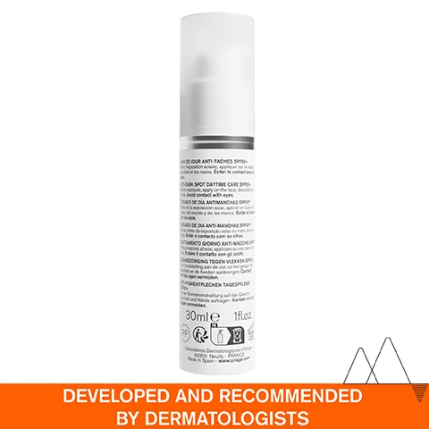 Image 1 - A white skincare product bottle with a frosted cap and text that includes ANTI-DARK SPOT DAYTIME CARE SPF50+, 30ml 1fl.oz and below the bottle, large text reads DEVELOPED AND RECOMMENDED BY DERMATOLOGISTS. Image 2 - A persons face with cream applied to the cheek by a finger, with text labels Light melting cream, Very high protection SPF50+, Fragrance-free, and DARK SPOTS, DULL COMPLEXION. Image 3 - A white tube of Uriage Eau Thermale Depiderm SPF Anti-dark spot daytime care is shown next to the text 87% intensity of DARK SPOTS REDUCED*. UNIFIED SKIN COMPLEXION*. *Use test - 22 volunteers - 21 days: % satisfaction. Image 4 - An image shows features of an advanced dermatological formula with the following text: ADVANCED DERMATOLOGICAL FORMULA TECHNOLOGY [MELA TECHNOLOGY] Dark spot correction & prevention 100% natural origin VITAMIN C Radiance booster & antioxidant UV PROTECTORS SPF50+ Urban shield & broad spectrum UVA UVB LEAU THERMALE DES ALPES URIAGE FRENCH ALPS THERMAL WATER URIAGE THERMAL WATER Helps protect against oxidative stress. Image 5 - Flowchart graphic with icons and text overlaid on a mountain and glacier background listing features: Developed and recommended by dermatologists, Suitable for all skin types, Fragrance-free, Non-comedogenic, UVA UVB rays protection. Image 6 - A Uriage Depiderm skincare routine is shown with text steps 1 Cleanse, 2 Brightening booster, 3 Moisturize, featuring the Brightening cleansing foaming cream 100ml, the Anti-dark spot serum Brightening booster, and the Anti-dark spot daytime care SPF30. Image 7 - A white skincare bottle with pump dispenser and a smear of product is shown with a blue circular seal reading RECOMMENDED BY DERMATOLOGISTS and the bottle label text URIAGE EAU THERMALE DÉPIDERM SPF 50+ Soin de jour anti-taches Anti-dark spot daytime care TACHES - TEINT TERNE DARK SPOTS - DULL COMPLEXION Toutes peaux All skin types URIAGE LEAU THERMALE DES ALPES.