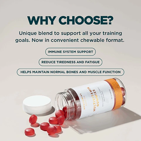 Image 1 - An open jar of red multivitamin gummies is spilled on a light surface next to its white lid, with accompanying text reading: WHY CHOOSE? Unique blend to support all your training goals. Now in convenient chewable format. IMMUNE SYSTEM SUPPORT, REDUCE TIREDNESS AND FATIGUE, HELPS MAINTAIN NORMAL BONES AND MUSCLE FUNCTION. The jars label displays MYVITAMINS ESSENTIALS MULTIVITAMIN GUMMIES WITH 10 ESSENTIAL VITAMINS AND MINERALS 60 GUMMIES STRAWBERRY. Image 2 - A close-up of dark red, round gummies with the white text 10 ESSENTIAL VITAMINS AND MINERALS. Image 3 - A red gummy is shown with its dimensions, 21mm wide and 10mm high, above which is the text Daily Suggested Serving - 1 Gummy. Image 4 - The image displays a nutritional information label for active ingredients, including Daily Serving 1 Gummy, Vitamin C 40mg(50%*), Vitamin E 6.7mg(56%*), Pantothenic Acid 1.5mg(25%*), Vitamin B6 0.5mg(36%*), Vitamin A 300µg(38%*), Folic Acid 120µg(60%*), Biotin 30µg(60%*), Iodine 20µg(13%*), Inositol 10µg, Vitamin D 5µg(100%*), and Vitamin B12 2µg(80%*), with *NRV - Nutrient Reference Value at the bottom.