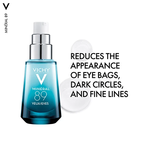 Image 1 - A blue bottle of Vichy Mineral 89 eye serum is displayed next to two white gel pads, with the text REDUCES THE APPEARANCE OF EYE BAGS, DARK CIRCLES, AND FINE LINES prominently featured.
              Image 2 - Image shows bubbles representing hyaluronic acid on the left and a splash of blue fluid representing caffeine on the right, with visible text stating HYALURONIC ACID + CAFFEINE and DISCOVER THE POWER DUO OF ACTIVES.
              Image 3 - A hand holding a serum bottle is shown above another hand with a finger pointing to it, with text indicating steps for application: STEP 1 PLACE A DROP OF SERUM ON YOUR FINGERTIPS and STEP 2 DISTRIBUTE IT AROUND EACH EYE: 3 TAPS ABOVE AND BELOW EACH EYE.