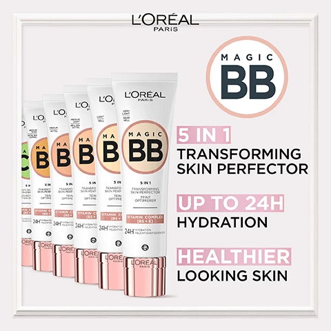 Image 1, 5-1 transforming skin perfector, up to 25 hour hydration. healthier looking skin. image 2, vitamin B5, vitamin E, vitamin complex. image 3, after vs before. image 4, product instantly transforms for a glowy complexion. image 5, transformative formula, blendable technology designed for light to medium skin tones.