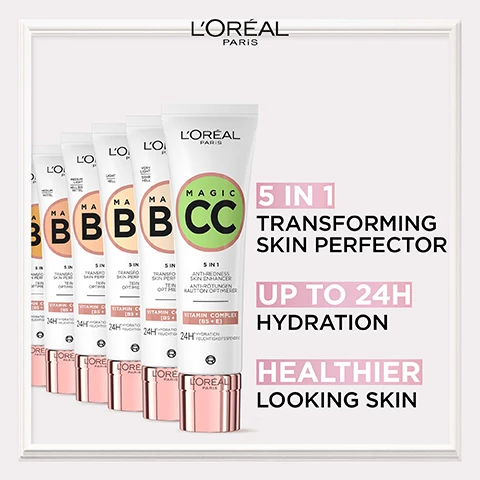 Image 1, 5 in 1 transforming skin perfector. up to 24 hour hydration. healthier looking skin. image 2, vitamin b5, vitamin e. vitamin complex. image 3, after vs before. covers and corrects the appearance of redness for a natural result. image 4, instantly transforms to reveal your even and natural complexion. image 5, green colour correcting formula. blendable technology designed for light to medium skin tones.