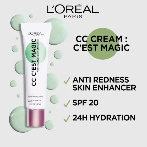 Image 1, CC cream: C'est magic: anti redness skin enhancer, SPF 20 and 24H hydration. Image 2, Transformative formula green colour correcting formula and bendable technology suitable for light to medium tones. Image 3, before and after model shot covers and corrects the appearance of redness for a natrual looking result. Image 4, lightweight formula and easily blends without streaking. Image 5, Our duo for light coverage cc c'est magic anti redness skin enhancer and bb c'est magic 5 in 1 skin perfecter. Image 6, Infallible 32 H matte cover: Full matte coverage foundation, now up to 32H of long wear and evens skin tone. Image 7, Model arm swatch of all 20 shades from 25,110,115,130,135,145,155,175,200,230,260,290,300,310,315,320,330,335,350 and 380