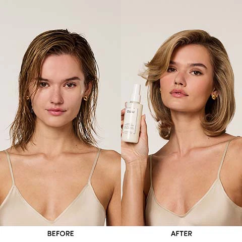 Image 1 - A split image displays a womans hair transformation: on the left, she has wet, flat, light brown hair, labeled BEFORE; on the right, she has voluminous, styled, blonde-highlighted hair, holding a white spray bottle with OUAI visible on its label, labeled AFTER. Image 2 - A before and after comparison shows a woman with voluminous, frizzy dark hair on the left, and defined, curly dark hair on the right, where she smiles and holds a white bottle labeled OUAI WAVE SPRAY. Below the images, the text reads BEFORE and AFTER. Image 3 - A person with shoulder-length brown hair viewed from the back holds a white spray bottle labeled OUAI LEAVE IN CONDITIONER REVITALISANT SANS RINÇAGE 4.7 fl oz / 140 ml, with additional text overlays reading DETANGLES, HYDRATES, FIGHTS FRIZZ. Image 4 - A woman with wet, dark hair holds a white spray bottle of hair product, with text on the left reading WHEN TO USE BEFORE STYLING WITH HEAT FOR ADDED HEAT PROTECTION (UP TO 450°/232°) AFTER THE SHOWER TO GET KNOTS ALL THE OUAI OUT ON DRY HAIR FOR ADDED HYDRATION TO HELP FIGHT FRIZZ & FLYAWAYS and the bottle itself displaying OUAI LEAVE IN CONDITIONER SOIN SANS RINÇAGE 4.7 fl oz / 140 ml. Image 5 - A Ouai Leave In Conditioner bottle is shown surrounded by ingredients like lemon, red and white flowers, cinnamon, apple, and a raspberry, with the text NORTH BONDI FRAGRANCE OUAI LEAVE IN CONDITIONER REVITALISANT SANS RINÇAGE 4.7 fl oz / 140 ml NOTES OF: PATCHOULI, LILY, ITALIAN LEMON, SANDALWOOD, RASPBERRY. Image 6 - A four-panel image illustrates a hair care routine: Step 1 shows a hand squeezing shampoo from a bottle with text STEP 1 LATHER UP WITH A SHAMPOO FOR YOUR HAIR TYPE OUAI FINE MEDIUM THICK SHAMPOO; Step 2 shows a Ouai Detox Shampoo bottle surrounded by foam with text STEP 2 NEED MORE? SWAP IN DETOX SHAMPOO OR ANTI-DANDRUFF SHAMPOO OUAI DETOX SHAMPOOING DÉTOX; Step 3 shows a hand dispensing conditioner into a palm with text STEP 3 FOLLOW WITH A CONDITIONER THATS GOT THE RIGHT DOSE OF HYDRATION OUAI FINE MEDIUM THICK CONDITIONER; and Step 4 shows a hand spraying leave-in conditioner into a palm with text STEP 4 FINISH WITH LEAVE IN CONDITIONER TO FIGHT FRIZZ & REPAIR DRY ENDS OUAI LEAVE IN CONDITIONER. Image 7 - A white Ouai Leave In Conditioner spray bottle is centered on a tan background with white creamy streaks, with text pointing to product benefits: OUAI LEAVE IN CONDITIONER REVITALISANT SANS RINÇAGE 4.7 FL OZ / 140 ML, PROVIDES WEIGHTLESS HYDRATION TAMARIND SEED EXTRACT, PROTECTS AGAINST DAMAGE HYDROLYZED PROTEINS, CONDITIONS & DETANGLES HAIR PANTHENOL & VITAMIN E. Image 8 - A woman with long curly hair sprays a product onto her hair, with four steps listed beside her: STEP 1 SPRAY FROM 6-8 INCHES AWAY, STARTING AT THE EYELINE; STEP 2 COMB THROUGH; STEP 3 STYLE AS USUAL; STEP 4 USE TO TOUCH UP DRY HAIR TO FIGHT FRIZZ & FLYAWAYS. Image 9 - A woman with long curly hair and red lipstick looks at the camera while holding a white spray bottle labeled OUAI LEAVE IN CONDITIONER DETANGLING + PROTECTING 4.7 fl oz / 140 ml, with the text OUR #1 BEST SELLER IS SO GOOD, ONE SELLS EVERY 60 SECONDS displayed above her.
