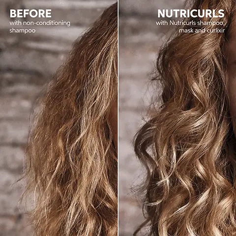 Image 1, BEFORE with non-conditioning shampoo NUTRICURLS with Nutricurls shampoo, mask and curlixir Image 2, WELLA WELLA NUTRICURLS CURLS NUTRICURLS SHAMPOO We Shampoo for C 250e NEW BOTTLE SAME GREAT PERFORMANCE Image 3, ราค รชกวา เกม פררס 24HR CURL DEFINITION* *by using Curlixir Balm or Milky waves Image 4, Curl Definition รายกา Medium Nourishment Anti-frizz SHAMPOO Micellar Shampoo for Curls INVISION W 250 ml e WELLA NUTRICURLS Image 5, BEFORE with non-conditioning shampoo NUTRICURLS with Nutricurls shampoo, mask and curlixir