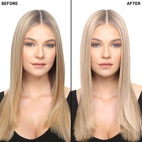 A split image shows a woman with long blonde hair with the text BEFORE on the left side showing her hair as a warmer, slightly duller blonde, and the text AFTER on the right side showing her hair as a cooler, brighter, and more vibrant blonde.