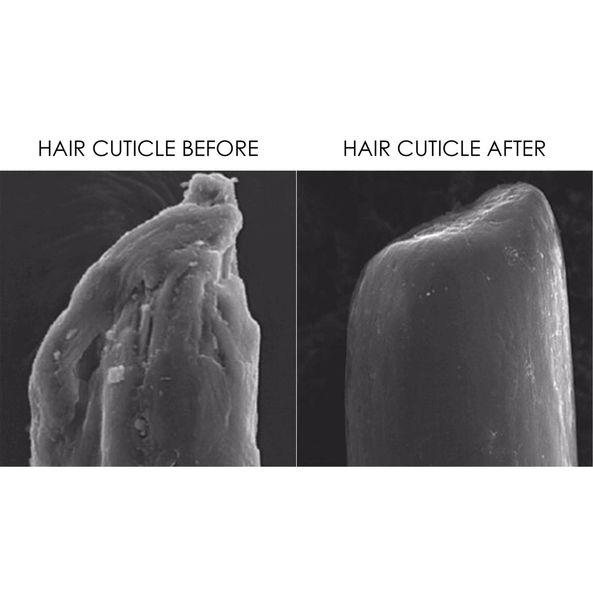 Image 1, hair cuticle before and after. Image 2, product benefits. Image 3, the environment comes first