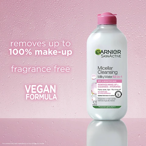 Image 1, removes up to 100% makeup. fragrance free, vegan formula. image 2, more than 50,000 5 star reviews. number 1 micellar water in the UK. a must have in my cleansing routine. image 3, cruelty free international - all garnier products are officially approved by cruelty free international under the leaping bunny programme. image 4, cruelty free international. british skin foundation recognising garnier's research into skincare. vegan formula no animal derived ingredients. bottle is made from recycled plastic, recycled cap, label and additives.