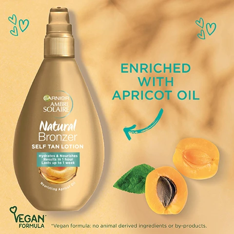 Image 1, enriched with apricot oil. vegan formula - no animal derived ingredients or by products. image 2, leaves a natural looking streak free tan. hydrates and nourishes skin. results in an hour that last up to 1 week. image 3, explore the range. image 4, cruelty free international - all garnier products are officially approved by cruelty free international under the leaping bunny programme.