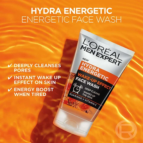 Image 1 - Image of a tube of LOréal Mens Hydra Energetic Face Wash on an orange background, featuring key phrases about the products benefits, including deeply cleanses pores, instant wake up effect on skin, and energy boost when tired.
              Image 2 - A close-up of a man with a smooth complexion, lightly touching his face against a bright orange background, with the text EASY TO USE, FRESHER FEELING SKIN, NON-GREASY, and FOAMS WELL displayed prominently.
              Image 3 - A man with a short beard is holding a tube of LOréal Men Expert Hydra Energetic Wake-Up Effect Face Wash against an orange background, with the text GET A BOOST OF ENERGY BECAUSE YOURE WORTH IT.
              Image 4 - Image shows three skincare products from LOréal Men Expert arranged on an orange background, labeled as part of the Hydra Energetic routine, including a face wash tube, a serum in a dropper bottle, and a moisturiser bottle; visible text includes step instructions, product names, and descriptions such as Wake-Up Effect Face Wash, 10% Pure Vitamin C Serum, and 24H Anti-Fatigue Moisturiser.