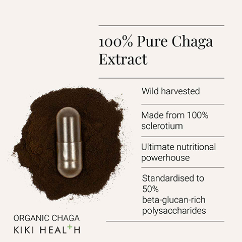 Image 1 - An image showing a silver capsule resting on a bed of dark powder with text highlighting the product as 100% Pure Chaga Extract, detailing attributes such as wild harvested, made from 100% sclerotium, ultimate nutritional powerhouse, and standardized to 50% beta-glucan-rich polysaccharides, labeled with organic chaga and Kiki Health branding.