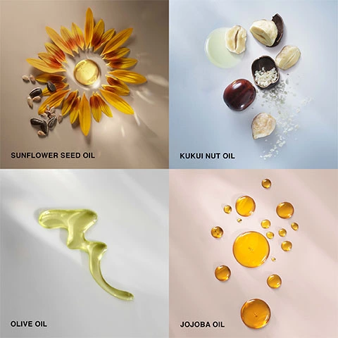 Sunflower seed oil, Kukui Nut oil, Olive Oil, Jojoba Oil