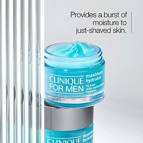 Image 1 - A jar of Clinique for Men Maximum Hydrator with a light blue cream and visible text stating Provides a burst of moisture to just-shaved skin, maximum hydrator, and 72-hour auto-replenishing hydrator.
              Image 2 - Two clear plates contain skincare ingredients: one plate features slices of aloe vera and the other contains a glistening gel-like substance labeled hyaluronic acid.
              Image 3 - A smooth teal droplet of cream with the word hydrate and two water droplet icons next to it.
              Image 4 - Image shows a grey background with a table listing items that are excluded, including two checked boxes for fragrance and oil, along with the heading Free of.