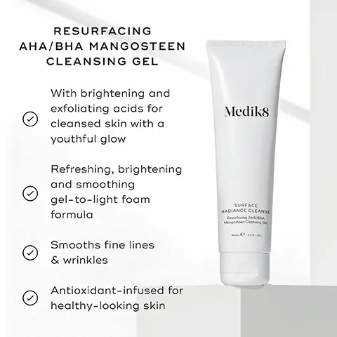 image 1, resurfacing AHA/BHA mangosteen cleansing gel. with brightening and exfoliating acids for cleansed skin with a youthful glow. refreshing, brightening and smoothing gel-to-light foam formula. smooths fine lines and wrinkles. antioxidant infused for healthy looking skin. image 2, AHAs = mandelic acid and lactic acid work on the skin's surface to exfoliate dead skin cells and uneven texture. BHAs = salicylic acid helps break down skin congestion for a clearer looking complexion. glycerin = a humectant that moisturises the skin and leaves it feeling hydrated. image 3, how to layer. AM = cleanse, tone, vitamin c, sunscreen. PM = cleanse, tone, vitamin a, moisturise.