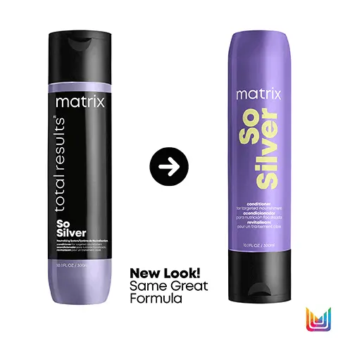 Image 1, new look, same great formula. Image 2,Hydrates dry, brittle hair Colour protecting formula Restores strength + nourishes Helps brighten grey tones Image 3, So Silver Starts to neutralise yellow undertones from 1st wash* Cleanse matrix So Silver Before After Nourish Tone matrix So Silver matrix So Silver Purple Shampoo Hydrating Conditioner Using a system of So Silver shampoo and neutralising mask Neutralising Mask