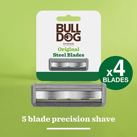 Image 2 - Image shows a pack of Bulldog skincare original steel blades on a green background, with visible text stating Bulldog, Original Steel Blades, x4 Blades, and 5 blade precision shave.
              Image 3 - A close-up of a safety razor with a wooden handle and multiple blades, featuring the text A smooth comfortable shave.
              Image 4 - A close-up of a person shaving their face with a razor that has a bamboo handle, with visible shaving cream and the text Responsibly sourced bamboo handle.
              Image 5 - The image shows a package of Bulldog Skincare Original Steel Blades featuring text that reads 4x, BULLDOG SKINCARE, Original Steel Blades, For a smooth & comfortable shave, and Recycled & Recyclable Packaging along with a recycling symbol.
              Image 6 - The image shows two grooming products from Bulldog Skincare against a green background: a package of four original steel blades on the left and a package of an original bamboo razor on the right, with the text A quality shave responsively crafted at the bottom.