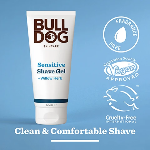 Image 2 - A tube of Bulldog Sensitive Shave Gel featuring the text BULL DOG SKINCARE Sensitive Shave Gel + Willow Herb 175 ml on a blue background, with logos indicating it is fragrance-free, vegan, and cruelty-free, alongside the phrase Clean & Comfortable Shave.
              Image 3 - A close-up of dried willow herb leaves with the text 96% Natural Origin, Unlock the true potential of natural origin ingredients, and Willow Herb.
              Image 4 - A tube of Bulldog Sensitive Shave Gel is displayed on a bathroom countertop, labeled with details about its ingredients, including willow herb, and information about its eco-friendly packaging, which states it contains over 27% sugarcane and over 62% PCR plastic.
              Image 5 - A hand is holding a tube of Bulldog Sensitive Shave Gel, which has text indicating Sensitive Shave Gel + Willow Herb Clean & Comfortable Shave and a volume of 175 ml, with a background featuring a green wall and a plant.
              Image 6 - A bottle of Bulldog Skincare Sensitive Shave Gel is next to a bottle of Sensitive Aftershave Balm, both with product labels visible, against a light blue background, with the text Clean & Comfortable Shave at the bottom.