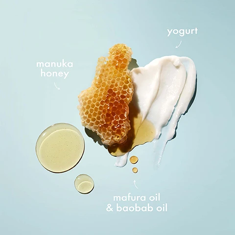 Image 1 - A honeycomb piece is displayed alongside dollops of yogurt, light and dark oils, with labels indicating each ingredient: manuka honey, yogurt, and mafura oil & baobab oil.
              Image 2 - A blue background features the text FOR EXTREMELY DRY & BRITTLE HAIR in various font styles and sizes.