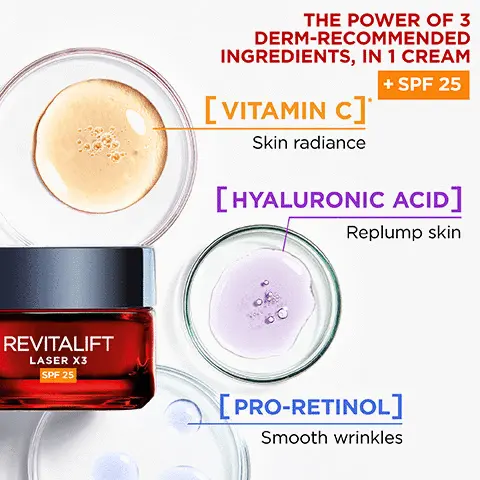 Image 1, the power of 3 derm-recommended ingredients, in 1 cream +SPF 25, vitamin C for skin radiance, hyaluronic acid to replump skin, pro-retinol to smooth wrinkles. Image 2, triple action +SPF25 with pro-retinol, hyaluronic acid and vitamin C for firmer and younger looking skin. Image 3, the revitalift laser regime, hydrate and smooth, firm and lift and refine
