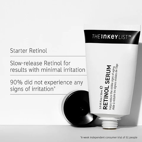 Image 1 - An image of a tube of retinol serum with the label THE INKEY LIST, displaying text that reads Starter Retinol, Slow-release Retinol for results with minimal irritation, 90% did not experience any signs of irritation*.
              Image 2 - A close-up image of a womans face displaying smooth skin and prominent features, alongside statistics indicating that 91% saw a visible improvement in the evenness of their skin, 91% agreed skin looks brighter, and 82% agreed it reduced the appearance of fine lines and wrinkles.
              Image 3 - Image shows a light golden background with a list of skincare ingredients: 1% RETINYL ACETATE gently resurfaces the skin, 0.5 GRANACTIVE RETINOID targets first signs of aging, and 0.5% SQUALANE helps hydrate, soothe, and protect.
              Image 4 - A woman smiles while applying skincare, with text that reads FAQ, WHEN SHOULD I START USING RETINOL? 25 years old, when skin cell turnover starts to slow, WHERE DO I START WITH RETINOL? Start low and slow 1-2 times a week and increase gradually, Pair with a barrier-supporting moisturizer, The INKEY Lists Bio-Active Ceramide Moisturizer is a great choice, Always remember SPF in the AM.
              Image 5 - An abstract, creamy, light yellow skincare product is shown alongside the text How to layer your routine and numbered steps: 1 Clean, 2 Hydrate, 3 Treat, 4 Moisturize, 5 SPF.
              Image 6 - A hand is applying a cream from a tube to the skin, with text that reads When & how to apply, PM, and PEA SIZED AMOUNT.
              Image 7 - Image features two tubes of retinol serum from The Inkey List side by side, with information below each tube: on the left, BEST FOR Starter Retinol users, HERO INGREDIENT Contains two retinoids: 1% Retinyl Acetate and 0.5% Granactive, and TARGETS First signs of aging, while on the right, BEST FOR Experienced Retinol users, HERO INGREDIENT 1% pure Retinol, our highest level of Retinol, and TARGETS Dark spots, post-acne scars, deep wrinkles.
              Image 8 - A smooth, glossy texture of a beige-colored product is shown with text at the bottom stating that due to the nature of the ingredient, this product may vary in colour - however this does not affect its efficacy.