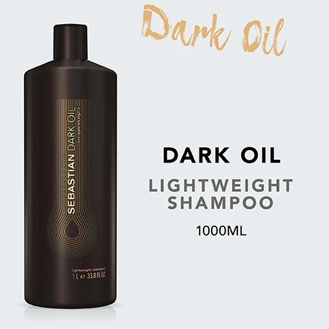 Image 2 - A dark bottle of shampoo labeled Dark Oil with the text Sebastian Dark Oil Lightweight Shampoo 1000ML prominently displayed.
              Image 3 - A black shampoo bottle labeled Sebastian Dark Oil with descriptions stating it cleanses and leaves hair shiny, is lightweight, and makes hair three times smoother when combined with the full dark oil range.
              Image 5 - A light blue background with instructions on how to use shampoo, including icons for each step: a hand massaging shampoo into wet hair, rinsing thoroughly, and a circular arrow indicating to repeat if necessary; the visible text reads HOW TO USE, MASSAGE THE SHAMPOO INTO WET HAIR, RINSE THOROUGHLY, REPEAT IF NECESSARY.
              Image 7 - Image shows several dark brown jojoba seeds resting on green leaves, with drops of golden oil scattered around, and the text JOJOBA & ARGAN OIL at the top.