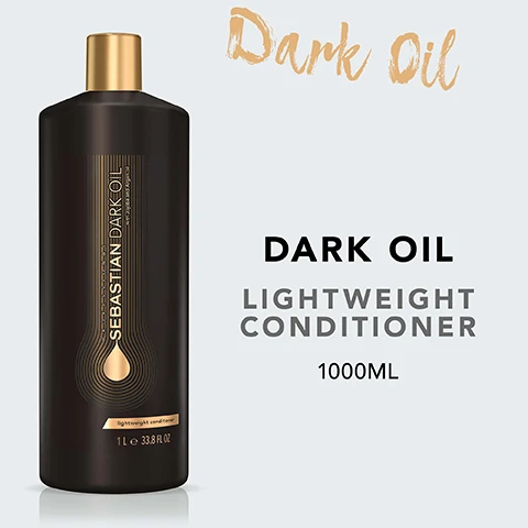 Image 2 - A black bottle of Sebastian Dark Oil lightweight conditioner is centered on a light blue background, with the words Dark Oil, Lightweight Conditioner, and 1000ML displayed prominently.
              Image 3 - A dark bottle of Sebastian Dark Oil lightweight conditioner with visible text stating DETANGLES & SMOOTHS, KEEPING HAIR LIGHTWEIGHT, SMOOTH HAIR WITH BODY, and 3X SMOOTHER HAIR* along with a note at the bottom saying *WHEN COMBINED WITH THE FULL DARK OIL RANGE.
              Image 5 - Instructions on how to use a product are displayed, including an icon for removing excess water, followed by the text REMOVE EXCESS WATER, an icon for distributing through the hair, followed by DISTRIBUTE THROUGH THE HAIR, and an icon for rinsing, followed by RINSE THOROUGHLY.
              Image 7 - Image of jojoba and argan oil showcasing several dark brown seeds on a green leaf with droplets of oil and the text JOJOBA & ARGAN OIL.