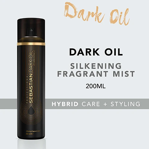 Image 2 - A black spray bottle labeled Sebastian Dark Oil positioned against a light blue background, with text that reads Dark Oil, Silkening Fragrant Mist, 200ML, and Hybrid Care + Styling.
              Image 3 - A black spray bottle labeled Sebastian Dark Oil with gold accents and text highlights benefits: smoothen and nourish hair, lightweight, silky and shiny effect, and mesmerising fragrance.
              Image 5 - An illustration showing a hair spray bottle and a profile of a person spraying their hair, with text stating how to use the product and instructions to spray evenly all over wet or dry hair for smoothness and natural shine.
              Image 6 - Image of jojoba and argan oil with several brown nuts on green leaves surrounded by golden oil droplets; visible text reads JOJOBA & ARGAN OIL.