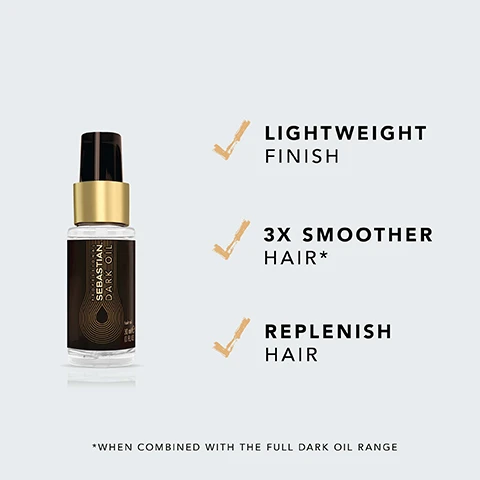 Image 2 - An advertisement for Sebastian Dark Oil featuring a glass bottle of hair oil with a black and gold label, with text stating lightweight finish, 3x smoother hair, and replenish hair, along with a note about combining it with the full Dark Oil range.
              Image 5 - A side-by-side comparison of hair before and after treatment, showing frizzy, unstyled hair on the left labeled BEFORE and smooth, wavy hair on the right labeled AFTER* with the note *AFTER APPLICATION AND STYLING at the bottom.
              Image 6 - Image shows a black background with an illustration of sandalwood and cedarwood pieces, alongside three drops of yellow oil, with the text Sandalwood, Cedarwood & Argan Oil prominently displayed at the top.