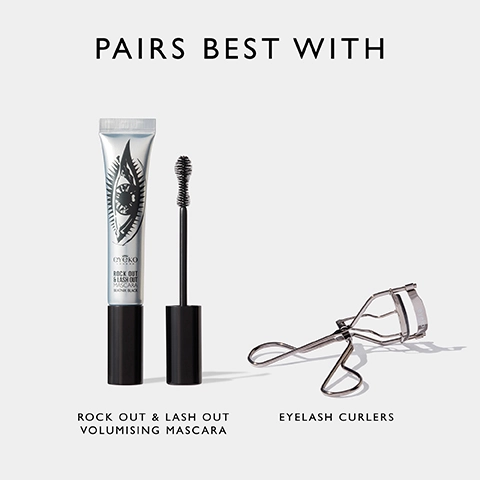 An image featuring a tube of mascara labeled Rock Out & Lash Out Volumising Mascara and a pair of eyelash curlers, with the text Pairs Best With above them.