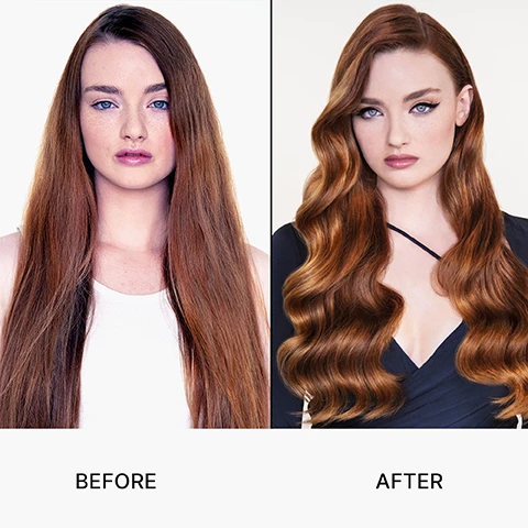 Image 3 - A side-by-side image shows a woman with long, straight hair on the left labeled BEFORE and the same woman with wavy, styled hair on the right labeled AFTER.
              Image 5 - A cluster of vibrant yellow flowers is displayed on a light purple background with the text Flower-powered gloss, the most natural way to shine.