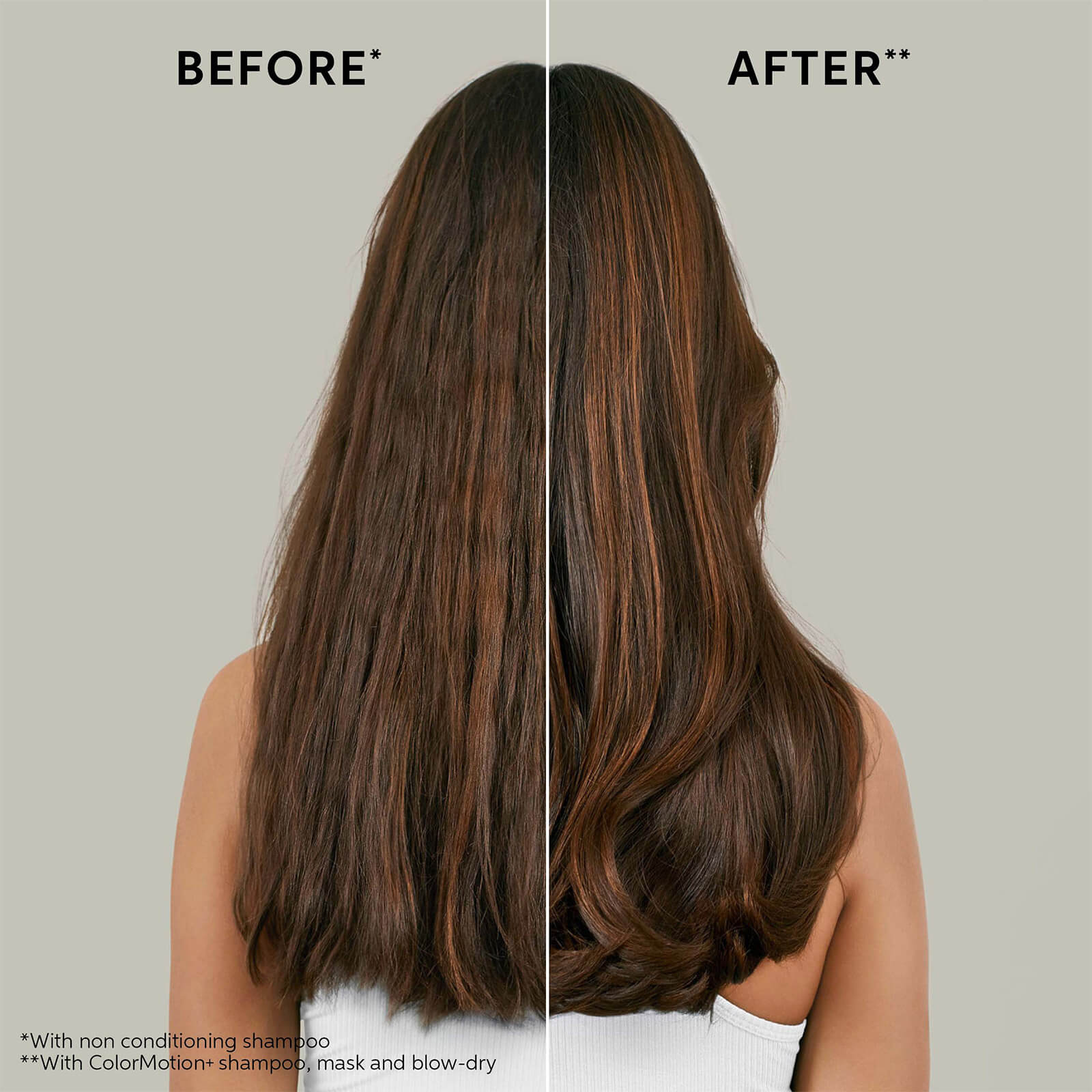 Before - frizzy* After - smooth**  *with non conditioning shampoo **with colourmotion shampoo mask and blow dry