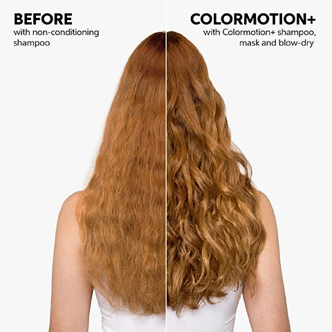 image 1, before with non conditioning shampoo and after with colourmotion plus shampoo, mask and blow dry. image 2, up to 8 weeks colour protection when using the mask. image 3, colour protection. smoothness. shine. metal purifier. image 4, before with non conditioning shampoo and after with colourmotion plus shampoo, mask and blow dry. image 5, metal purifier. wellaplex bonding agent. hair surface polisher. colour care power of three.