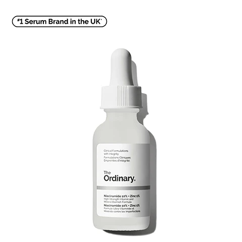 Image 1 - Image of a dropper bottle of The Ordinary brand skincare product labeled Niacinamide 10% + Zinc 1% with the text Clinical Formulations with Integrity and *#1 Serum Brand in the UK*.
              Image 2 - A close-up of a clear liquid with bubbles, accompanied by icons and text that says reduces pore visibility and excess oil, improves signs of congestion, and instantly boosts skin radiance.
              Image 3 - Image shows a comparison of skin before and after using a product, highlighting reduced pore visibility and excess oil, with the text Before above the top image and After above the bottom image, and a note at the bottom stating testing on 33 panellists using the product 2x/day.
              Image 4 - A person applies a clear skincare product to their cheek, with labels nearby indicating Smoothing, Brightening, and Reduces Oil.
              Image 5 - Image of a dropper filled with a clear serum, with bubbles around it, displaying text that lists key ingredients: Niacinamide 10% (Vitamin B3) supports skin renewal for more radiant, smoother skin, and Zinc 1% (PCA) balances excess sebum production.
              Image 6 - An illustration titled SKIN BRIGHTENING HACK shows two dropper bottles for skincare products from The Ordinary, with their labels clearly marked as GLYCOLIC ACID 7% EXFOLIATING TONER and NIACINAMIDE 10% + ZINC 1%, along with a brief description of application instructions for each product.
              Image 7 - Image shows three skincare products from The Ordinary arranged in a line: a tube of Squalane Cleanser labeled Prep that cleanses skin and removes makeup, a dropper bottle of Niacinamide 10% + Zinc 1% labeled Treat that reduces excess oil and pore visibility, and a tube of Natural Moisturizing Factors + HA labeled Seal that supports the skin barrier, with the heading Build Your Regimen.
              Image 8 - An image showing two bottles of The Ordinary Niacinamide serum in different sizes, with the text Explore 2 Sizes, 30 mL Standard, Suitable for Travel, and 60 mL Bigger, Value Size.