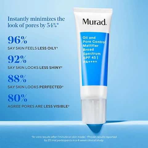 Image 1, instantly minimises the look of pores by 54%. 96% say skin feels less oily. 92% say skin looks less shiny. 88% said skin looks perfected. 80% agree pores are less visible. in vitro results after 1 minute on skin model. proven results reported by 25 trial participants in a 4 week clinical study. image2, before and after 1 minutes. instantly minimised the look of pores. oil and pore control mattifier SPF 45. in vitro results after 1 minute on skin model. image 3, oil trapping microspheres = deliver a smooth, soft skin feel and effectively reduce shine by absorbing sebum (oil), obscuring reflection and scattering light. avocado and african yellow wood bark extracts = visibly reduce pore size and excess oil over time as hydrators prevent dryness. broad spectrum sunscreens = provide broad spectrum UVA/UVB SPF 45 protection without creating a white cast or photo flashback image 3, your breakout busting regimen. fast acting treatments that work. 1 = clarifying cleanser = cleanse, rinse and pat dry. 2 = clarifying toner = dispense toner onto a cotton pad and sweep over face and neck. 3 = rapid relief blemish spot treatment = spot treat breakouts with spot treatment. 4 = oil and pore control mattifier SPF 45 = during the day apply mattifier to face and neck.