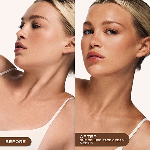 Image 2 - A split image shows a womans face and décolletage before and after applying a tanning product, with the left side showing lighter skin and the right side showing tanner skin, displaying the text BEFORE and AFTER 8HR DELUXE FACE CREAM MEDIUM. Image 3 - A comparison image shows an old pink-capped tube of Loving Tan Deluxe Face Tan Tinted Self-Tanning Cream, Natural Colour, Enriched With Green Tea Pomegranate & Acai, Face, 50 ML | 1.6 FL OZ, Medium For Light To Medium Skin Tones, next to a new beige tube of Loving Tan 8 HR Deluxe Face Self Tanning Cream, Crème Autobronzante Pour Le Visage, Selbstbräunungscreme, Medium, Professional Strength For The Most Natural-Looking Tan, 50 ML | 1.6 FL OZ, along with the visible text New Look, Same Iconic Formula, Your favourite self-tan has an elevated new look - but with the same bestselling formula you know and love, and a note reading You may receive either package during this transformation. Image 4 - A close-up of tanned skin with reflections, accompanied by the text: TINTED COLOUR GUIDE, Tinted formula for an effortless, streak-free application. After rinsing, the clear actives continue to develop into your most natural-looking tan. Image 5 - A woman with clear skin and blonde hair, wearing a white strap top, is shown from the chest up with text next to her reading DERMATOLOGIST TESTED DESIGNED FOR FACE + DÉCOLLETAGE and a circular logo stating PROUDLY AUSTRALIAN MADE around a map of Australia. Image 6 - A light beige tube of Loving Tan 8 HR Deluxe Face Self-Tanning Cream with a swash of brown tan cream behind it, displays text Loving Tan 8 HR Deluxe Face Self-Tanning Cream Crème Autobronzante Pour Le Visage Selbstbräunungsgesichtscreme MEDIUM with two filled circles and one outline circle PROFESSIONAL STRENGTH FOR THE MOST NATURAL-LOOKING TAN e 50 ML 1.6 FL OZ, accompanied by callouts stating Infused with aloe vera, green tea, pomegranate & acai extracts, Professional strength, 100% Ecocert naturally derived DHA, and The most natural-looking tan. Image 7 - The right half of a womans tanned face with blonde hair is shown next to the heading Face Tanning Tips, which includes advice to Apply to clean and dry skin, free from moisturiser, and Skincare actives may fade your face tan faster than your body tan, reapply as necessary to maintain your glow. Image 8 - The image shows a diagram resembling a clock face on a cream background, illustrating tanning development times with a dark brown arc marked 24 HRS Tan development and a pink arc marked 8 HRS Rinse off, alongside the text Tanning Time, RINSE AFTER 8 HOURS, DARKENS/DEVELOPS INTO FINAL RESULT IN 24 HOURS, and After rinsing off the tinted colour guide, your colour continues to darken and develop for up to 24 hours into your final, natural-looking tan.