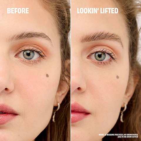 Image 1 - A split image shows a models face, with the left side labeled BEFORE displaying a natural look and the right side labeled LOOKIN LIFTED showcasing enhanced eyebrows; visible text at the bottom reads MODEL IS WEARING PRECISELY MY BROW PENCIL AND 24 HR BROW SETTER.
              Image 2 - Image shows a dual-sided brow wand on a pink background, with text highlighting features: Dual-sided wand lifts & locks brows in place, 24-hour* staying power, Quick dry & mess-free, *instrumental test on 21 participants.
              Image 3 - Image shows two eyebrow products on a pink background: a black brow setter brush beside a white brow wax applicator, with a swatch of cream on the surface, along with text detailing their features.