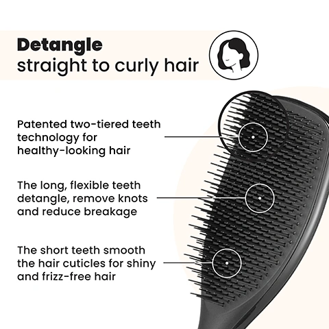 Image 1 - A black detangling hairbrush is shown with an annotated diagram explaining its features, alongside text that reads Detangle straight to curly hair, Patented two-tiered teeth technology for healthy-looking hair, The long, flexible teeth detangle, remove knots and reduce breakage, and The short teeth smooth the hair cuticles for shiny and frizz-free hair. Image 2 - A woman with long wavy brown hair brushes it with a dark hairbrush, with text overhead that reads Regular-flex teeth for straight to curly hair. Image 3 - A black paddle hairbrush is shown next to five bullet points listing its benefits: Less breakage for smooth & healthy looking hair, Larger paddle for long and thick hair, Ideal for wet or dry hair, Quick & effortless detangling, Smooths frizz & flyaways. Image 4 - A split image of a womans hair, showing wet tangled hair on the left labeled BEFORE, and smooth wavy hair on the right labeled AFTER, with text stating 75% experienced no tugging, pulling or pain when brushing*, 80% agree that they have fewer knots and tangles*, and *120 UK respondents aged 16-40 after 2 weeks (2017). Image 5 - The image displays three hairbrushes of increasing size: Mini, Regular, and Large, with the Mini and Regular brushes shown as line drawings and the Large brush as a dark gray product photo, all indicating dimensions and suitable hair types, with visible text reading MINI Fine Straight - Wavy, REGULAR Fine Curly - Coily, LARGE Fine Straight - Wavy Thick & Long Curly - Coily, 15.5cm, 5.3cm, 21.1cm, 6.6cm, 23.6cm, 7.9cm, and For daily detangling. Image 6 - Four quadrants displaying different hair textures and colors: dark curly, light straight, reddish-brown straight, and dark wavy hair, with the text FOR ALL FINE HAIR TYPES.