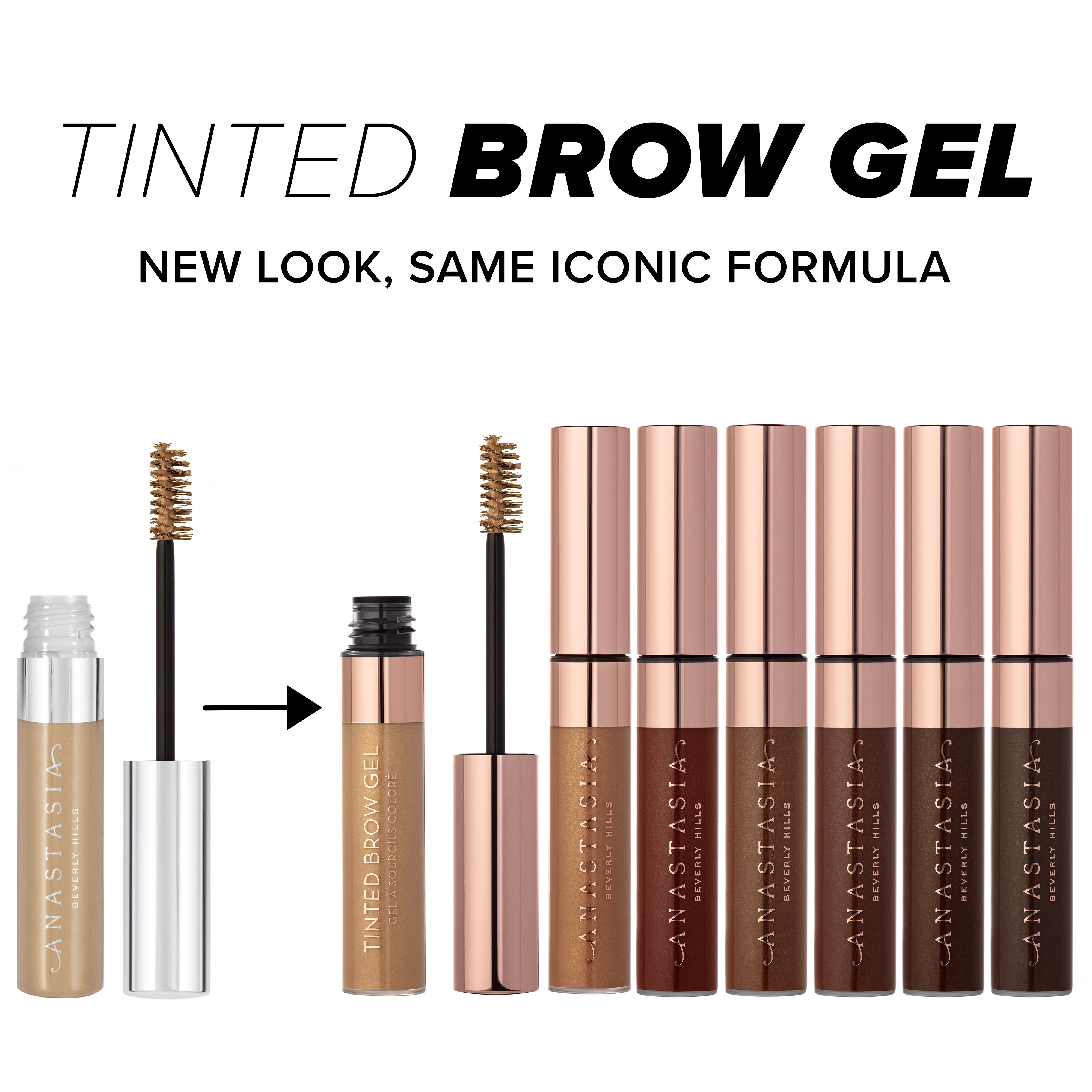 Image on a white background. One brow mascara on the left with an arrow pointing right to 7 different brow mascaras in different packaging. Text reads, Tinted Brow Gel. New look, same iconic formula