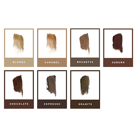 The first image has a grid of all shades for this product. The shades included are: Blonde, Caramel, Brunette, Auburn, Chocolate, Espresso and Granite. These shades are also shown on an image with three arms of various skin tones, to show how each colour would lool. There is a before and after photo which shows the face before application and then again after application. Brush tinted brow gel through the brow, starting at the arch and extending to the tail. Features a dual ended brush with a longer side for fuller sections of the brow and a shorter side and tip for adding precise detail to the brows.