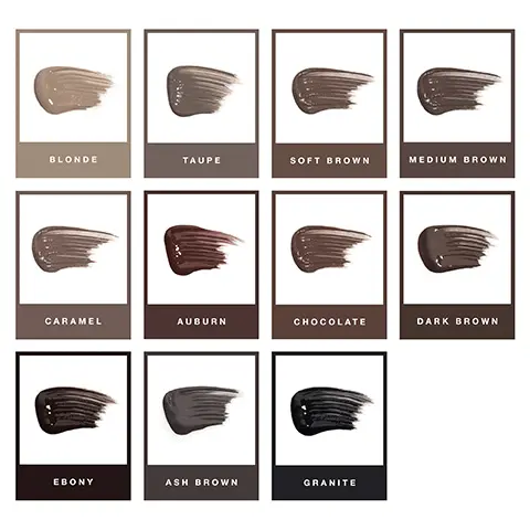 The first image features three arms in various skin tones that contain swatches of the shades on offer. The shades for the perfect brow pencil are labelled as follows: Blonde, Taupe, Soft Brown, Medium Brown, Caramel, Auburn, Chocolate, Dark brown, Ebony, Ash Brown and Granite. The small size of the brush makes it easy to achieve precise placement of product and exact detailing. Use the narrow tip of the brush to perfectly fill the space between brow hairs with precision. Before and After photo shows the result of using the product. Step 1: Wipe excess product on spoolie. Step 2: Using light pressure, start applying dipbrow gel at the highest point of the brow. Step 3: Brush in the direction of hair growth and blend through the brow for defined volume. The last photo is a before and after