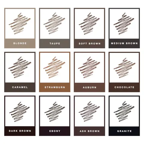 The first image show the tip of the eyebrow pencil. Fine-tipped pencil mimics the look of brown hair with detail and precision. The next photo shows the before and after affect on a model. You can see a more defined brown on the after photo. The next photo has two arms on it in different skin tones, they have colour swatches on them for this product. They both hold the product in their hand and the labelled shades are Granite, Ebony, Ash Brown, Dark Brown, Chocolate, Auburn, Medium Brown, Soft Brown. Caramel, Taupe, Strawburn, Blonde. Next we see a colour chart for each shade: Granite, Ebony, Ash Brown, Dark Brown, Chocolate, Auburn, Medium Brown, Soft Brown. Caramel, Taupe, Strawburn, Blonde. These contain a scribble that shows what the colour looks like. There is a close up image of the product being applied, detail, add dimension in sparse areas with brow wiz. PRO TIP: Choose a shade that best matches your natural brow hair. Finally there is a three step guide to application. In the first image, step 1: Start by outlining the shape of the brow using light pressure. A makeup artist is applying this to the model. Step 2: Apply hair-like strokes in sparse areas, working in the direction of hair growth.  Add extra definition as desired. Step 3: Blend as you go using the spoolie brush for a natural finish. The last photo shows the before and after photo. The shade ebony was used for this look.    