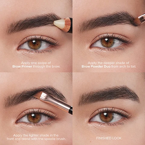 Image 3 - A four-panel image shows a close-up of an eye demonstrating eyebrow makeup application steps: applying primer, then darker brow powder to the tail, lighter powder to the front, and the final look, with the visible text reading: Apply one swipe of Brow Primer through the brow. Apply the deeper shade of Brow Powder Duo from arch to tail. Apply the lighter shade in the front and blend with the spoolie brush. FINISHED LOOK. Image 4 - A womans face is split vertically, showing a before image on the left with natural eyebrows and lips, and an after image on the right with fuller eyebrows, subtle eye makeup, and glossy pink lips, with the text BEFORE and AFTER. Image 6 - The image features multiple open compacts of two-shade eyebrow powders or eyeshadows in various brown and tan tones, displayed next to product descriptions that read: TWO SHADES FOR A NATURAL, OMBRE EFFECT + CUSTOM COLOR; FULL-PIGMENT, FINELY-MILLED FORMULA FOR BUILDABLE INTENSITY; SMOOTH, VELVETY-TEXTURE SEAMLESSLY APPLIES + BLENDS. Image 7 - A compact with two shades of brow powder, light and medium brown, is open on a tan surface with loose powder, alongside a spoolie brush and an angled brush that says ANASATASIA BEVERLY HILLS 7B, with text at the bottom left stating PAIR WITH Brush 7B to fill, define + detail brows with precision. Image 8 - A close-up image of a persons face shows a makeup brush applying product to their left eyebrow, with text in the lower left corner reading ANASTASIA TIP Pair with Brow Freeze styling wax to create hair-like strokes. Image 9 - A person holds an open black compact with two shades of brown brow powder, smiling at the camera with defined eyebrows, and the text says MODEL WEARS MEDIUM BROWN.