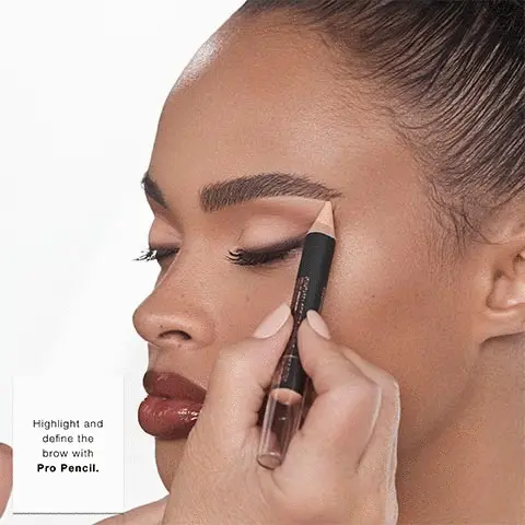 There are four images total in this section. The first image features three arms of various skin colour that display colour swatches for each shade. The three shades are labelled base 1, base 2 and base 3. The second image shows the pencil being applied to a model, above the crease of the eye and just below the brow line. Highlight and define the brow with pro pencil. The third image shows the model face. On the left hand side is the look before application and the right hand side is the look after application. The fourth image shows application to below the brow line. It mentions that apply highlighting duo pencil and blend with brush 20. 