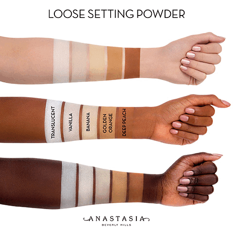 The image features three arms in various skin tones, this shows how each colour looks on each skin type. The colour swatches are on the arms and the shades included are Translucent, Vanilla, Banana, Golden Orange and Deep Peach.