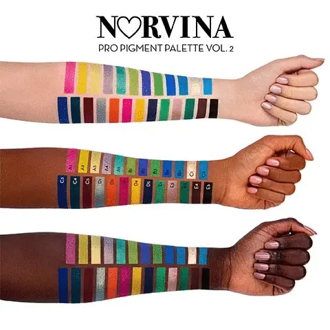 Norvina pro pigment volume 2. The image shows three arms. Each arm has coloured shades on it that are name via a letter and number: A1, A2, A3, A4, A5, B1, B2, B3, B4, B5, C1, C2, C3, C4, C5, D1, D2, D3, D4, D5, E1, E2, E3, E4 and E5.