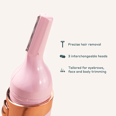 Image 1 - A pink hair removal device with a sleek design featuring three interchangeable heads, accompanied by text that reads Precise hair removal, 3 interchangeable heads, and Tailored for eyebrows, face and body trimming.
              Image 2 - A pink, compact USB rechargeable hair removal device is shown from the top, along with visible text stating USB rechargeable, Compact & travel-friendly, and Smooth results without irritation or redness.
              Image 3 - A close-up of a light pink hair removal device with a circular metallic blade on top, accompanied by text that reads: Pain-free and gentle, For all skin types, Metal plated for better skin protection.
              Image 4 - A pink trimming device with a metal-plated head for skin protection is shown alongside two additional attachments, including a small face trimmer and a comb guard for adjusting trimming length, with text indicating features of the products.