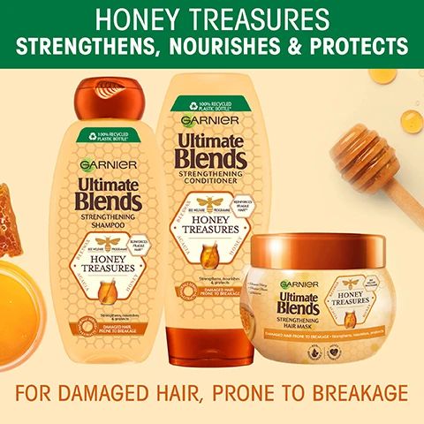 Image1, honey treasures, strengthens, nourishes and protects. for damaged hair, prone to breakage. image 2, cruelty free international - all garnier products are officially approved by cruelty free international under the leaping bunny programme.