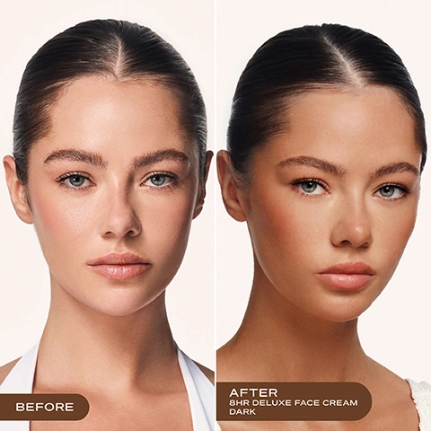 Image 2 - A split image shows a womans face with fair skin on the left and a deep tan on the right, with the text BEFORE on the left and AFTER 8HR DELUXE FACE CREAM DARK on the right. Image 3 - The image shows a product packaging update with a pink tube of Loving Tan Deluxe Face Tan Tinted Self-Tanning Cream on the left, transitioning to a beige tube of Loving Tan 8 HR Deluxe Face Self Tanning Cream on the right, accompanied by the text New Look, Same Iconic Formula and Your favourite self-tan has an elevated new look - but with the same bestselling formula you know and love; the pink tubes label reads Loving Tan, Deluxe Face Tan, Tinted Self-Tanning Cream, Natural Colour, Enriched with Green Tea, Pomegranate & Acai, Face Tan, Dark, For Medium to Dark Skin Tones, Net 50 mL | 1.6 FL OZ; an arrow points right to the beige tube, which reads Loving Tan, 8 HR Deluxe, Face Self Tanning Cream, Crème Auto-Bronzante Pour Le Visage, Selbstbräunungsgesichtscreme, Dark, Professional Strength, For The Most Natural-Looking Tan, Net 50 mL | 1.6 FL OZ; and additional text below states You may receive either package during this transformation. Image 4 - A shiny brown background with the text: TINTED COLOUR GUIDE Tinted formula for an effortless, streak-free application. After rinsing, the clear actives continue to develop into your most natural-looking tan. Image 5 - A woman with tan skin and dark hair looks directly forward, with text on the right side reading DERMATOLOGIST TESTED, DESIGNED FOR FACE + DÉCOLLETAGE, and a circular emblem with the outline of Australia inside the text PROUDLY AUSTRALIAN MADE. Image 6 - A beige tube of Loving Tan 8 HR Deluxe Face Self-Tanning Cream, in the shade Dark, is positioned upright on a dark brown swatch of the product, with text on the tube reading Loving Tan 8 HR Deluxe Face Self-Tanning Cream Crème Autobronzante Pour Le Visage Selbstbräunungsgesichtscreme DARK PROFESSIONAL STRENGTH FOR THE MOST NATURAL-LOOKING TAN E 50 ML | 1.6 FL OZ, and surrounding text notes stating Infused with aloe vera, green tea, pomegranate & acai extracts, Professional strength, 100% Ecocert naturally derived DHA, and The most natural-looking tan. Image 7 - A woman with tanned skin looks directly at the viewer, with text on the right side providing Face Tanning Tips: Apply to clean and dry skin, free from moisturiser. Skincare actives may fade your face tan faster than your body tan. Reapply as necessary to maintain your glow. Image 8 - A diagram showing a clock face with two arcs, one light pink indicating 8 HRS Rinse off, and one dark brown indicating 24 HRS Tan development, with the title Tanning Time and instructions below stating RINSE AFTER 8 HOURS, DARKENS/DEVELOPS INTO FINAL RESULT IN 24 HOURS, followed by After rinsing off the tinted colour guide, your colour continues to darken and develop for up to 24 hours into your final, natural-looking tan.