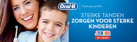 The image is a banner that shows a woman and child holding the toothbrush. This is a junior toothbrush for the ages of 6 and over